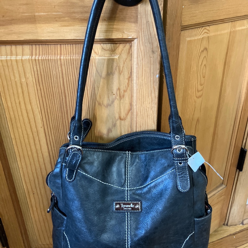New Black Leather Tignanello Shoulder Handbag